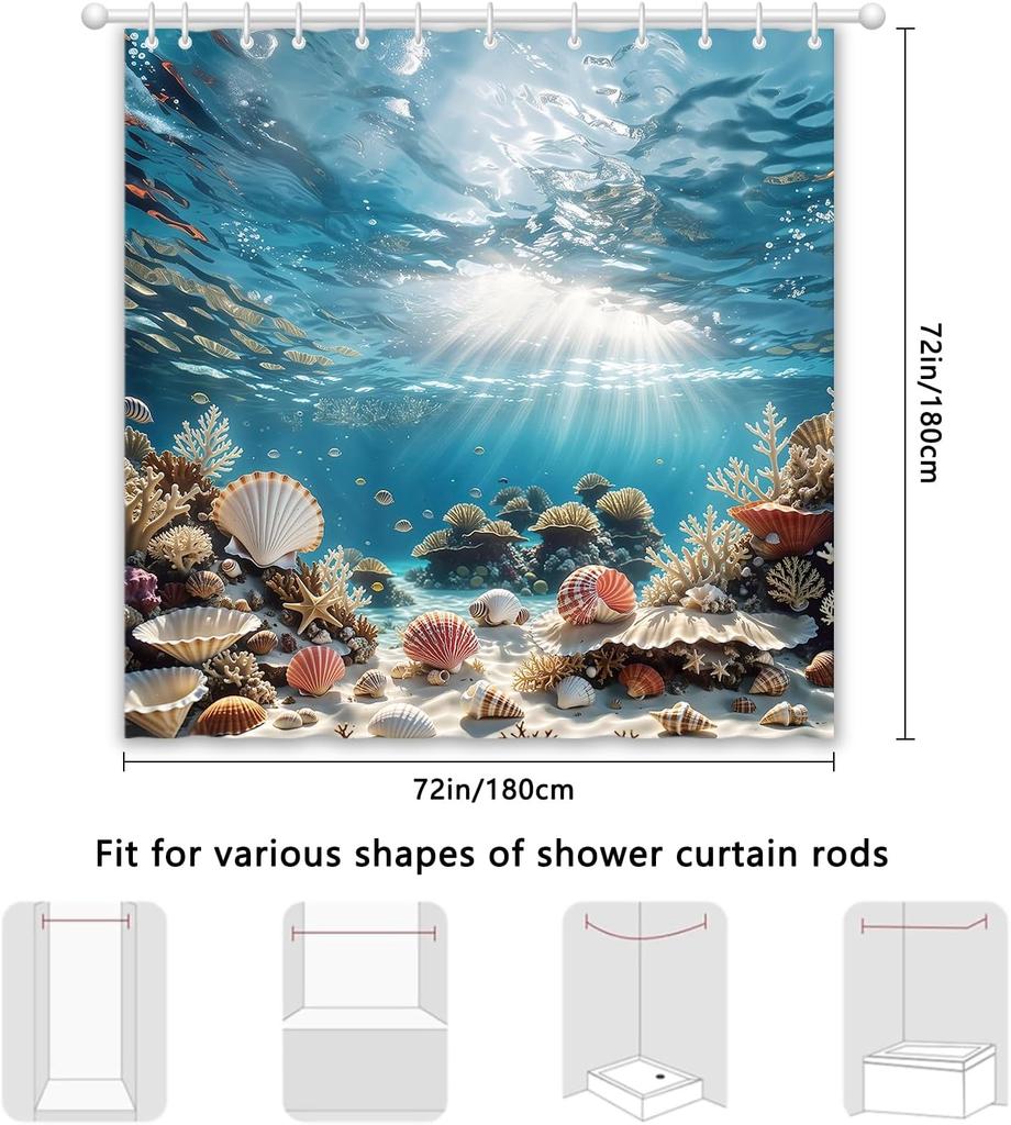 Nautical Coastal Shower Curtain, Ocean Themed Shell Coral Underwater Shower Curtain for Bathroom, Tropical Beach Coastal Sea