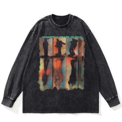 Hip Hop Tiger Grafik Gewaschenes Schwarzes T-Shirt Baumwolle Unisex Übergröße Langarm T-Shirt