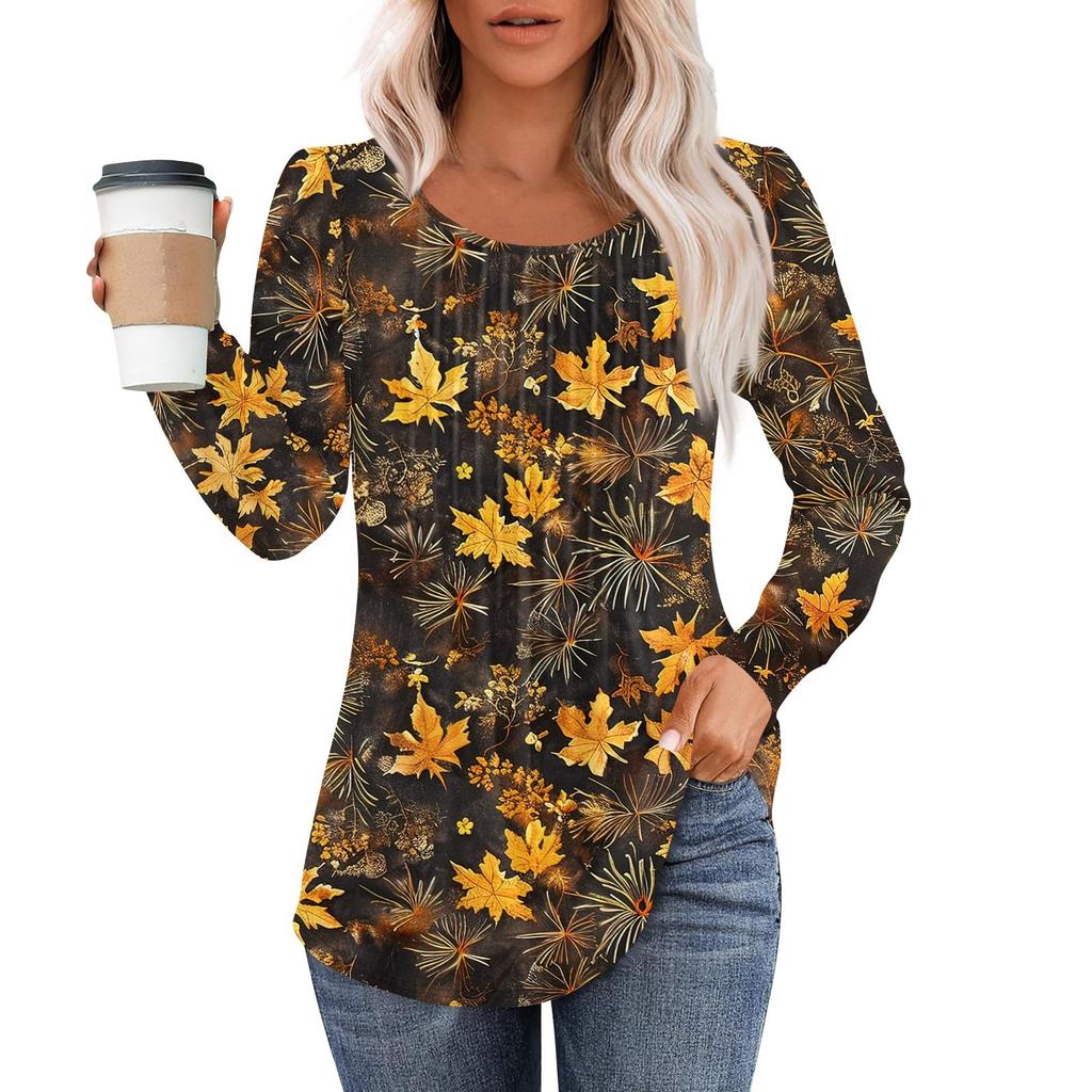 Long Sleeve Shirts For Women Tops Dressy Casual Blouses Pleated Scooped Neck Tunic Tops