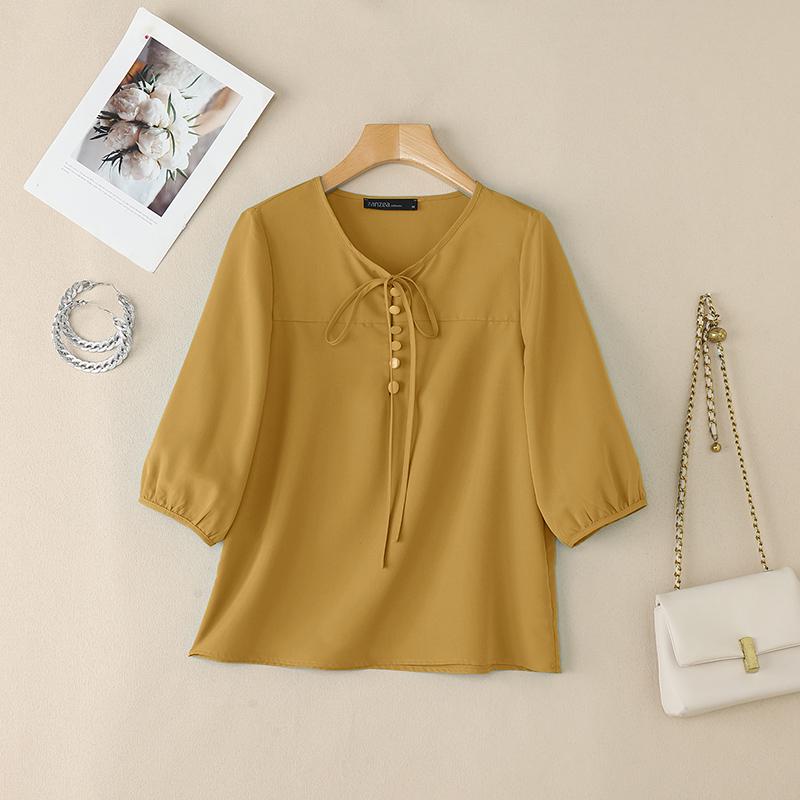 ZANZEA Women Casual Round Neck Solid Color 3/4 Sleeve Summer Blouse