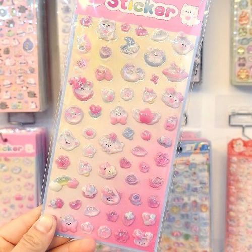 

Solid Embossed Cartoon Crystal Puffy Stickers for Kids Pink Bear Bunny Cute Decals DIY Decor Art for Scrapbook Journal Phone