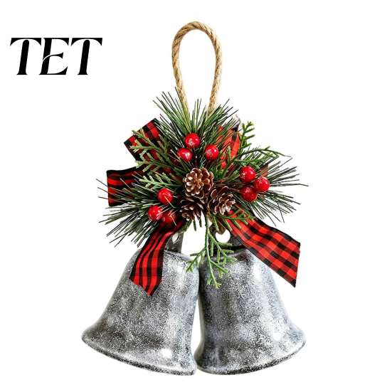 Double Bell Pendant with Pine Needles Christmas Ornaments, Metal Jingle Bells Xmas Tree Hanging Rustic Farmhouse Decorations Decoration Pinecones