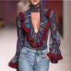 Romantic Boho Deep V-neck Paisley Ruffled Chiffon Shirt
