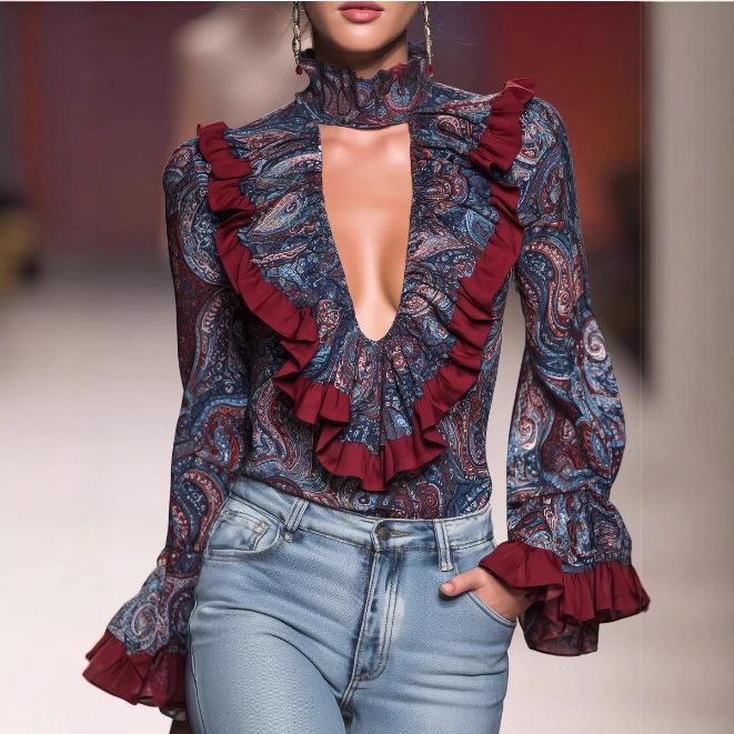 Romantic Boho Deep V-neck Paisley Ruffled Chiffon Shirt