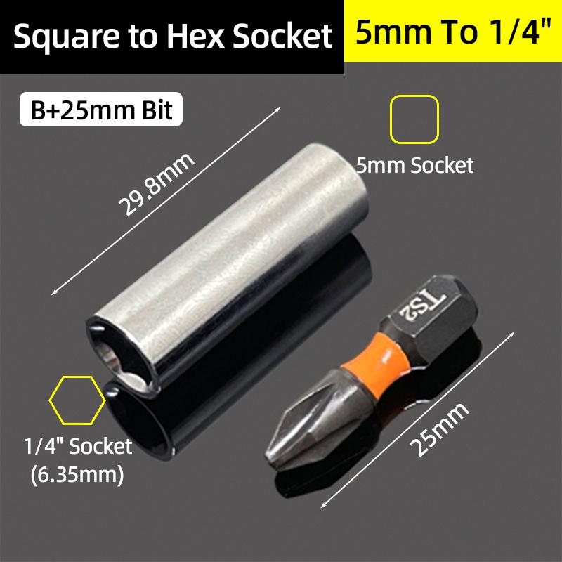 Socket Adapter Head 1/4 Inch Square Drive To 1/4 Hex Socket Adapter Converter Adapter Wrench Quick Change Hand Tool Accessorie