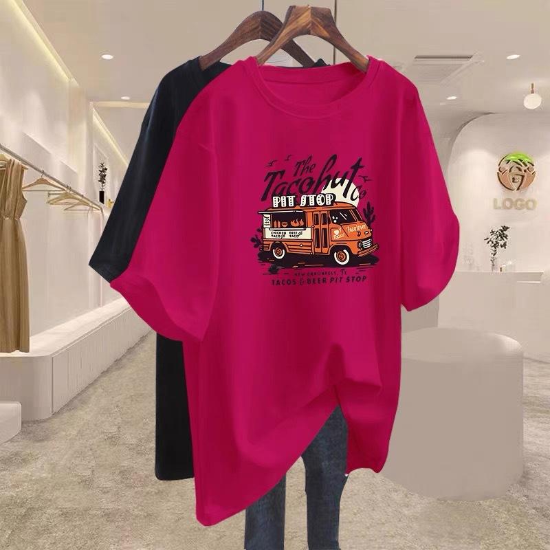

apricot pure cotton with retro medium and long short-sleeved T-shirt for women s 2025 spring and summer new large-size loose top XXXXL
