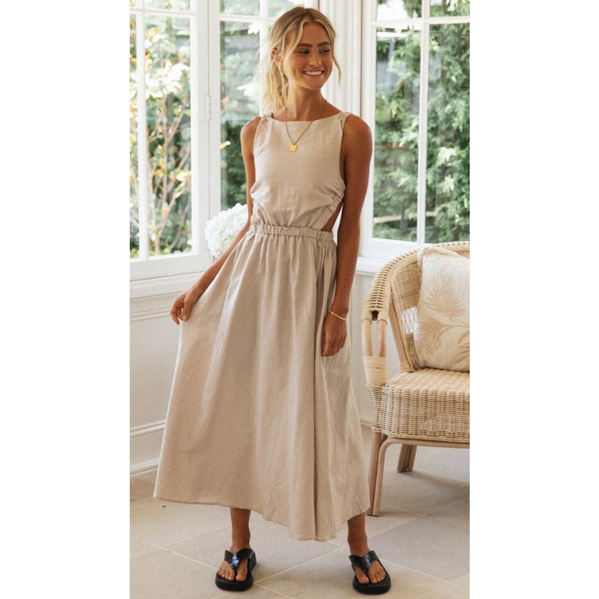 Women s High Neck Sleeveless Solid Color A Line Midi Dress Casual Backless Long Dress S