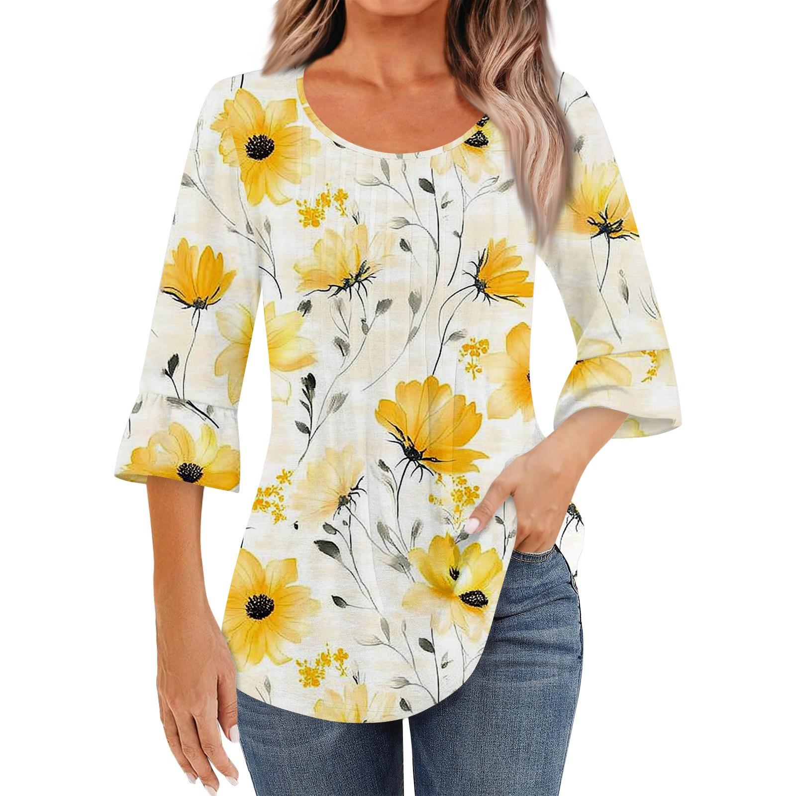 

Женская модная повседневная плиссированная футболка с круглым вырезом и цветочным принтом, рукав три четверти XL жёлтый