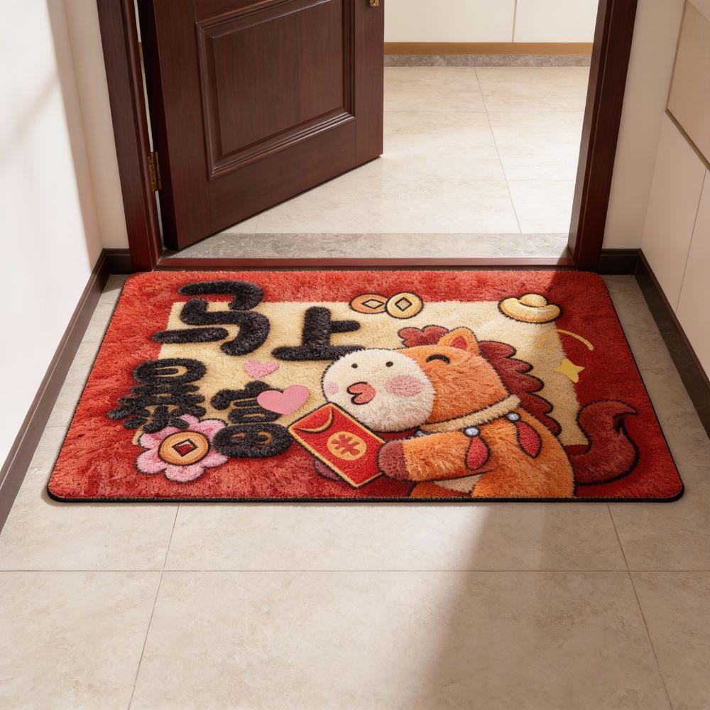 Cute Horse Pattern New Year Door Mat Red Bath Mat Soft Non-slip Door Carpet Home Decorations