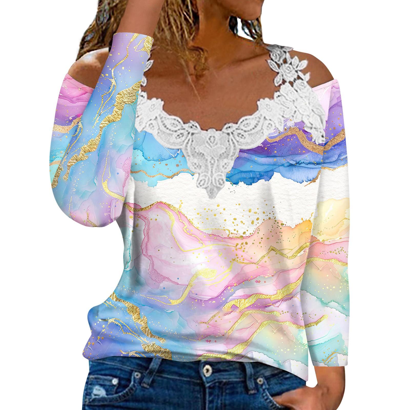 

Модный кружевной пуловер с V-образным вырезом, длинный рукав, градиентный принт, однотонная повседневная футболка XXXXXL