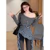 Tassel Ribbon Off-shoulder Striped Long-sleeved T-shirt for Women Autumn Waist Slimming Irregular Top