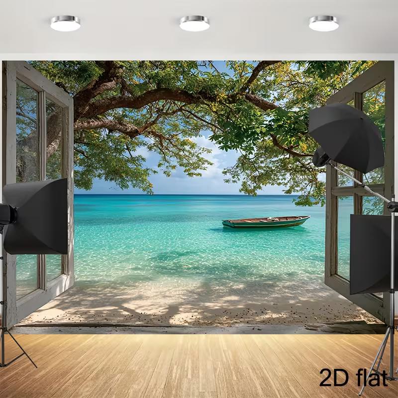 2D Vacation Window Backdrop with a View of a Quiet Beach, Boat and Tropical Tree 47.2x31.5inch/120*80cm