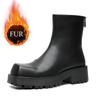British Style Square Toe Chelsea Men's Thick Soled Business Formal Zipper High Top Leather Boots Winter Fluffy Men's Denim Boots