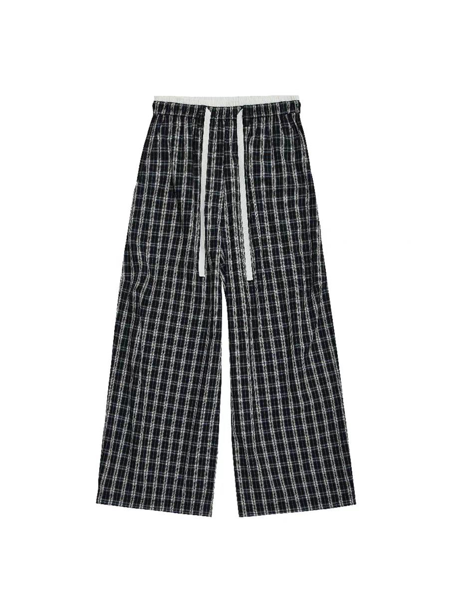

2026 Spring Plaid Patchwork Wide-Leg High Waist Pants for Women Large темно-синий