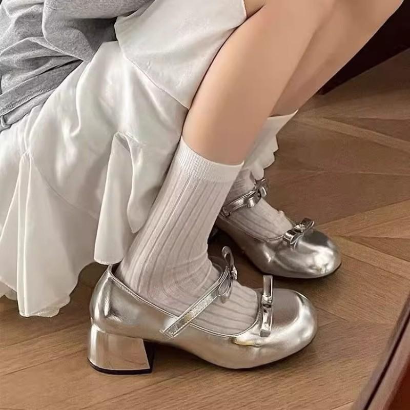 Silver Light Mouth Ballet High Heels Single Shoes Women's New Summer Skirt Round Head Mary Jane Shoes