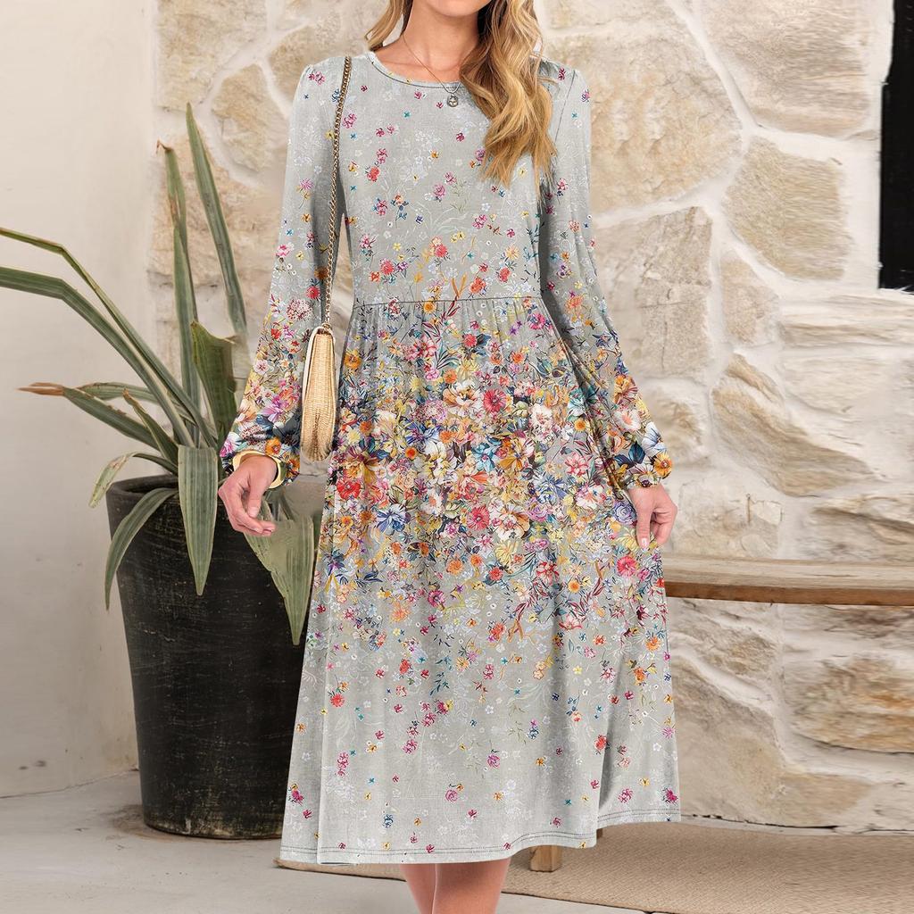 Women's Fashionable Loose Retro Printed Round-neck Dress