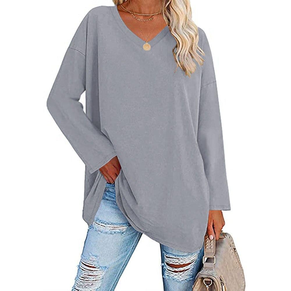 V-ausschnitt Langarm T-shirt Casual Tops Lose Baumwolle Hemd 2022 Frauen Einfarbig Weibliche Kleidung Blusas Ropa Mujer 23464