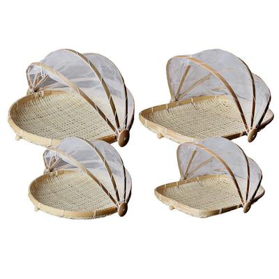 Bamboo Storage Basket Covered Round & Rectangular Serving Food Tent Basket with Mesh Cover for Food Fruit Storage Tools
