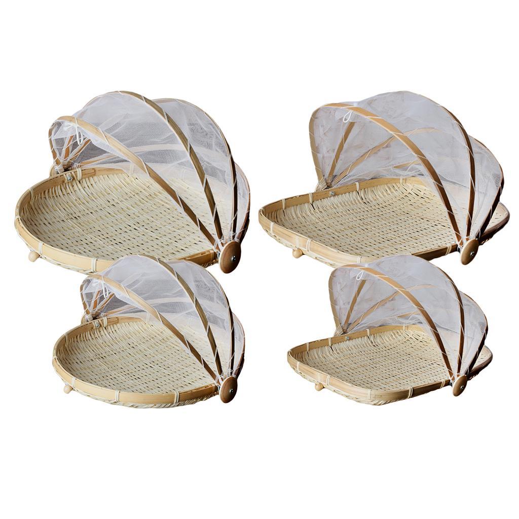 Bamboo Storage Basket Covered Round & Rectangular Serving Food Tent Basket with Mesh Cover for Food Fruit Storage Tools S Round