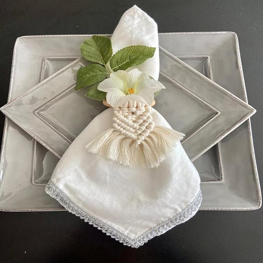 Boho  Napkin Rings with Wooden Ring, Handmade Woven Fringe Napkin Holders for Rustic Wedding, Party & Farmhouse Table Decor