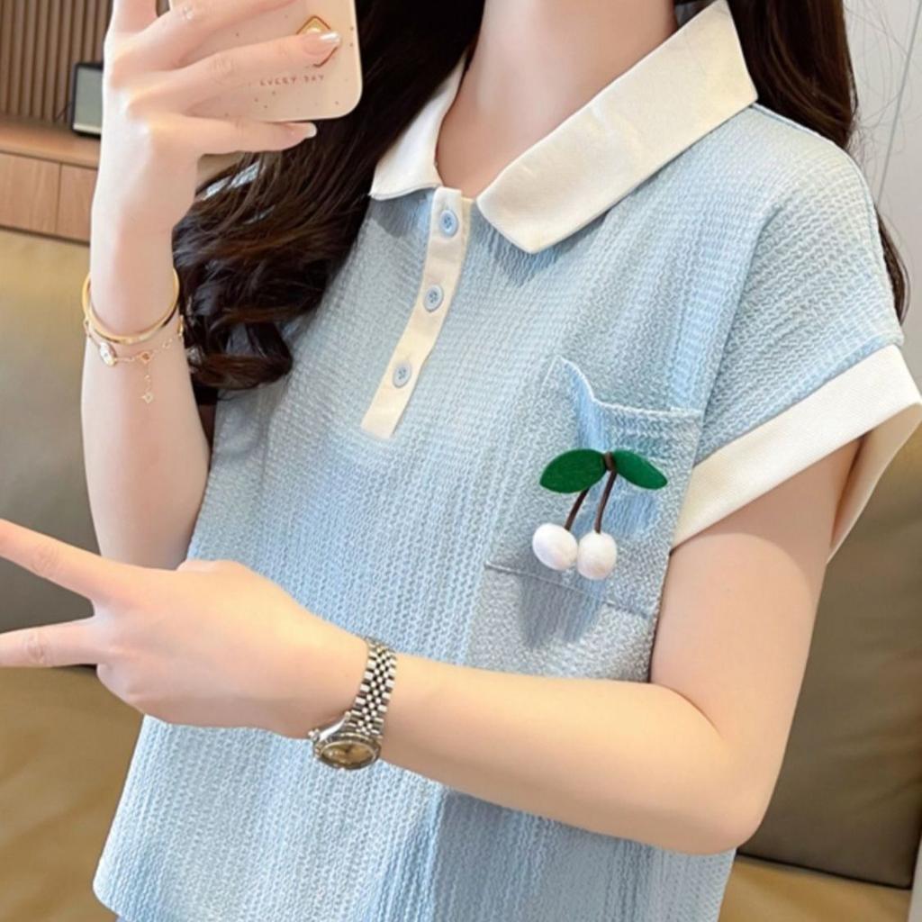 Large size fat mm texture pocket polo collar short-sleeved t-shirt women's summer new loose and thin meat cover top trendy