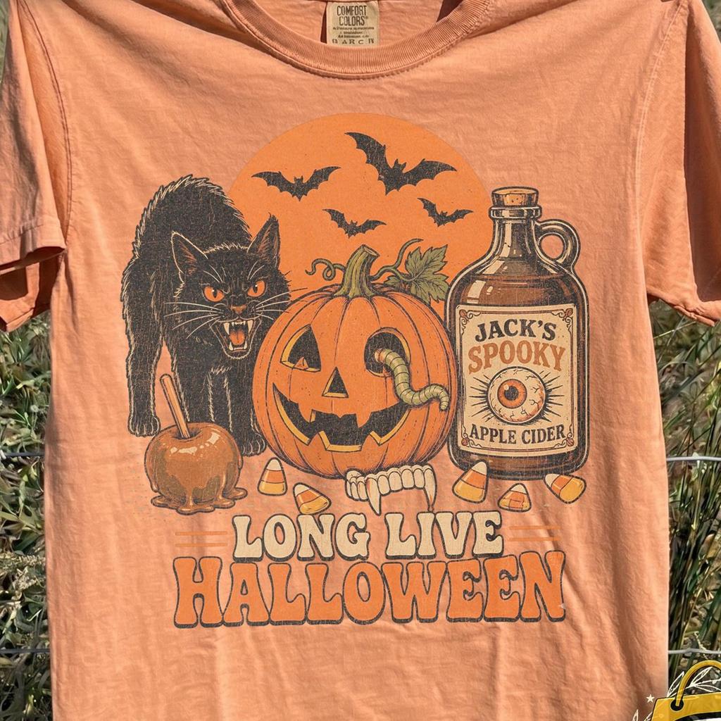 Long Live Halloween Shirt, Vintage Spooky Pumpkin Black Cat T-Shirt, Retro Apple Cider Graphic Tee, Fall Spooky Season Apparel