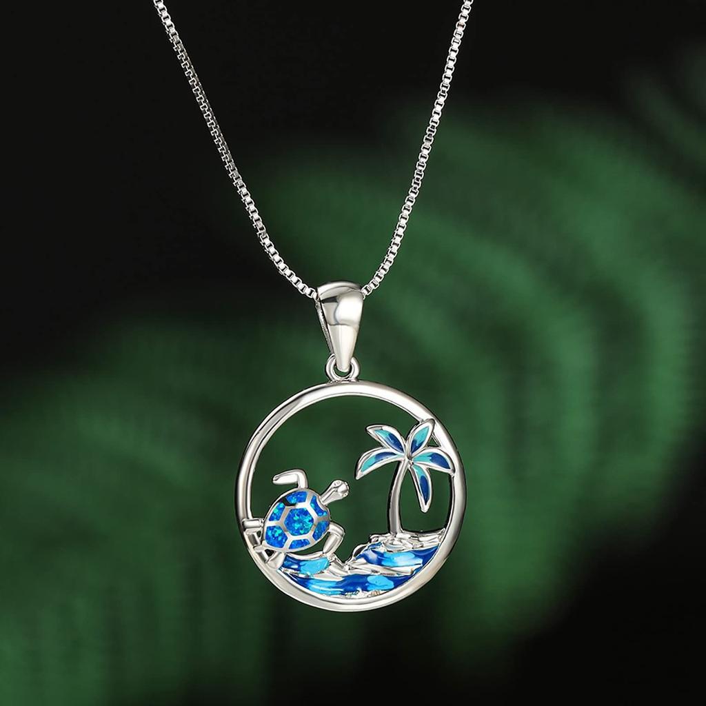 Boho Vintage Beach Wave Sea Turtle Pendant Necklace for Women Girl Fashion Imitation Blue Opal Necklace Wedding Jewelry