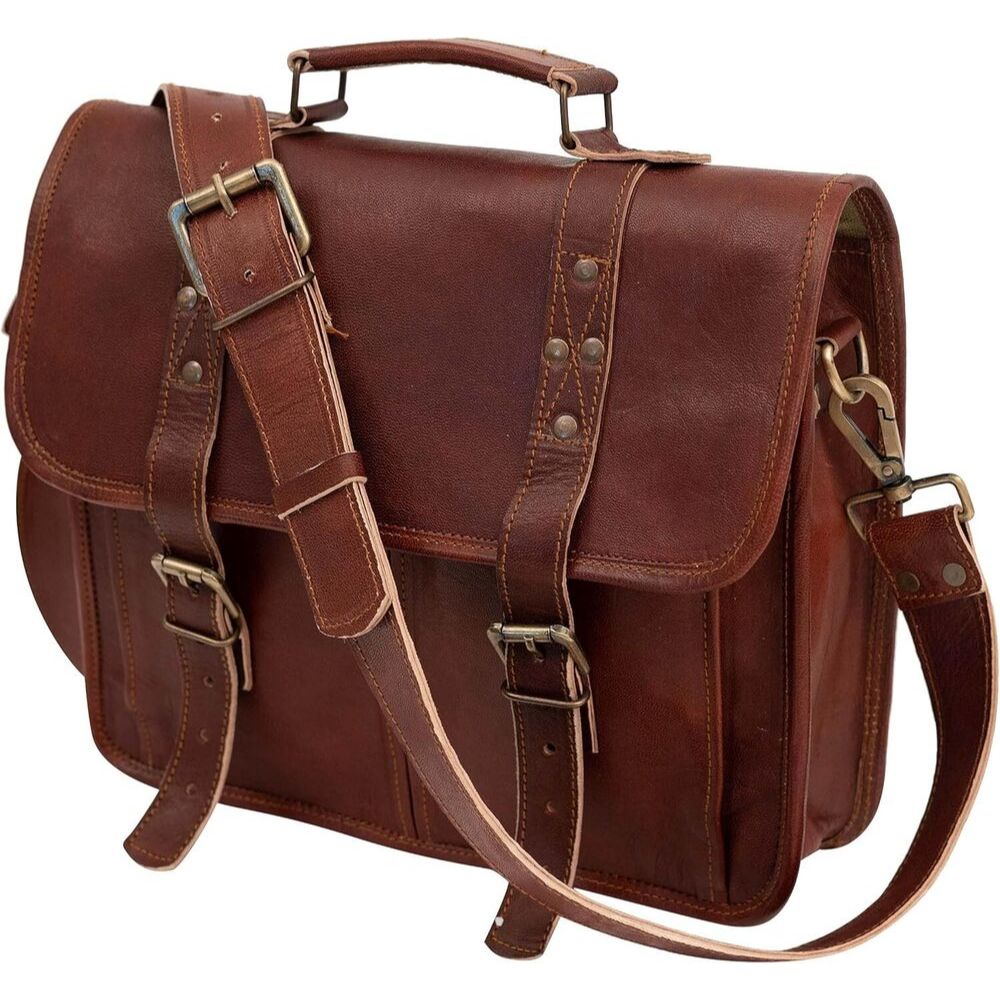 Vintage Goat Leather Messenger Real Satchel Genuine Laptop Brown Briefcase Bag