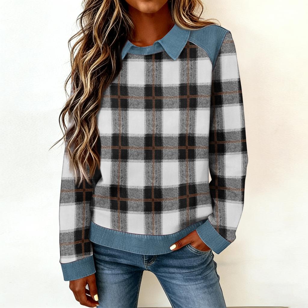 Damenmode Ausgestelltes Langarm Denim Patchwork Sweatshirt Mit Aufdruck Lässiger Pullover Top