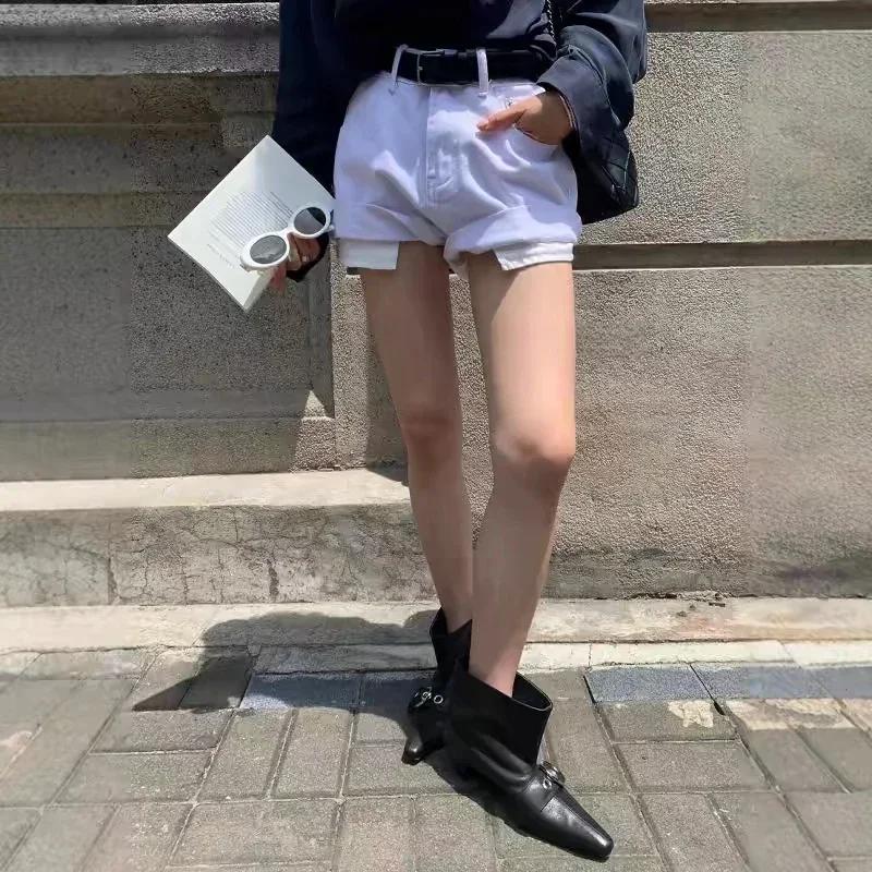 Fashion Fashion Snap Pointed Toe Low Heel Booties Women Spring and Autumn New Outside Wear Metal Buckle Sleeve Single Boots