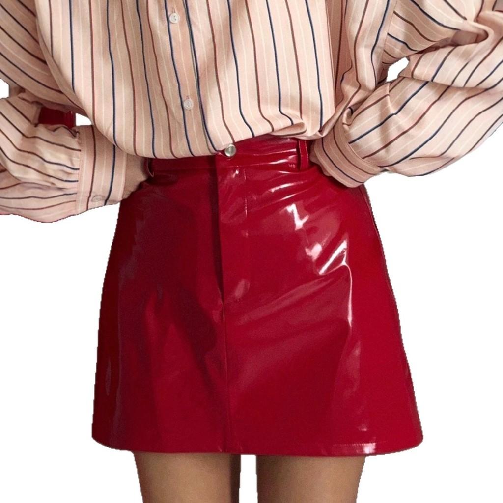 Qooth Red PU Leather Bodycon Mini Skirt Sexy High Waist Faux Leather Skirt Bold & Fashionable QT2820
