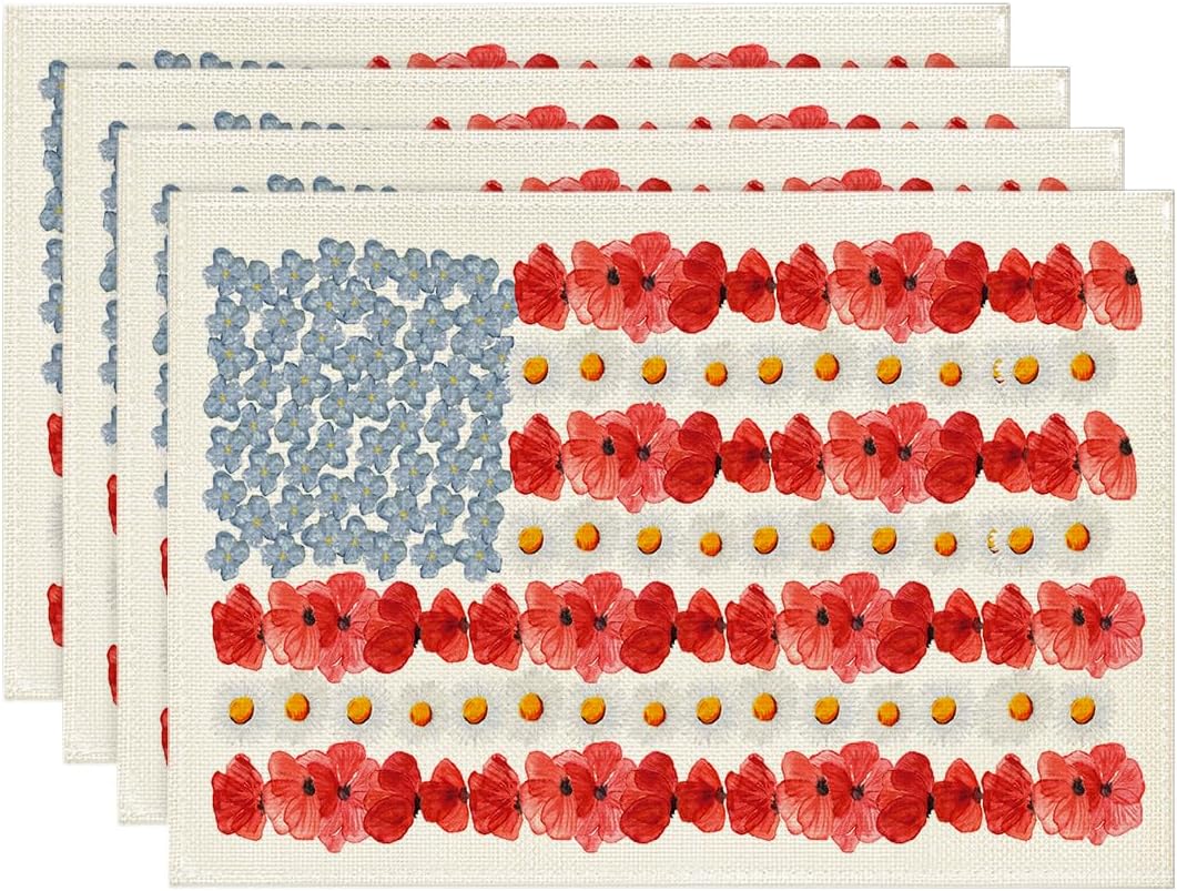 

American Flag Flowers 4th of July Placemats Set of 4, 12x18 Inch Patriotic Memorial Day Table Mats for Party Kitchen Dining Decoration 4pcs-12x18