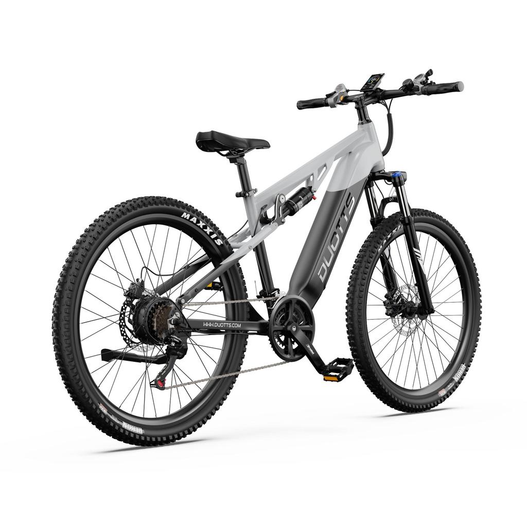 DUOTTS E29 electric bicycle, Bafang 250W motor, 48V 13.5Ah battery, full suspension, 27.5-inch tires, hydraulic brakes, range of 45-90 kilometers.