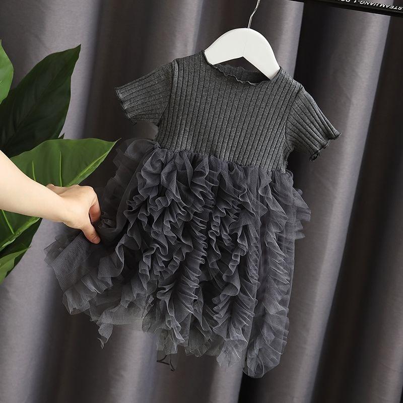 Summer Children's Clothing Solid Color Short Sleeved Girl's Princess Gauze Dress Fashionable Fluffy Spliced Cake Dress 1-7Y