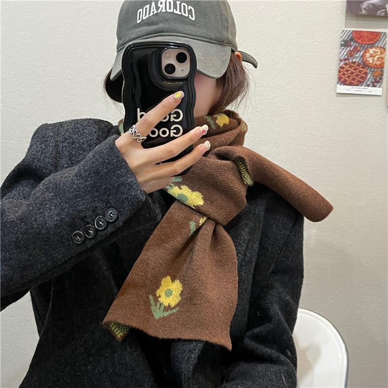 Cute little flower knitted scarf girls Korean version ins wind wool scarf versatile warm student thickened couple tide
