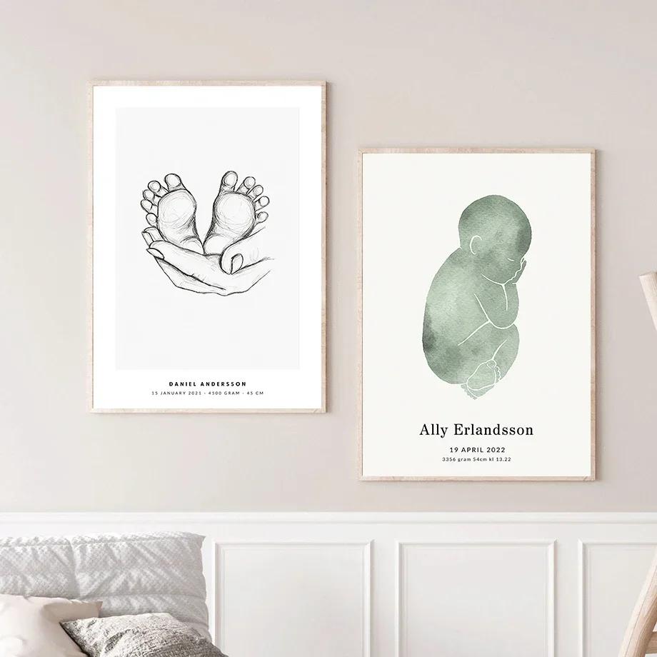 New Baby Footprints Date Birth Baba Mama Customized Wall Art Print Canvas Painting Posters for Living Room Modern Home Decor