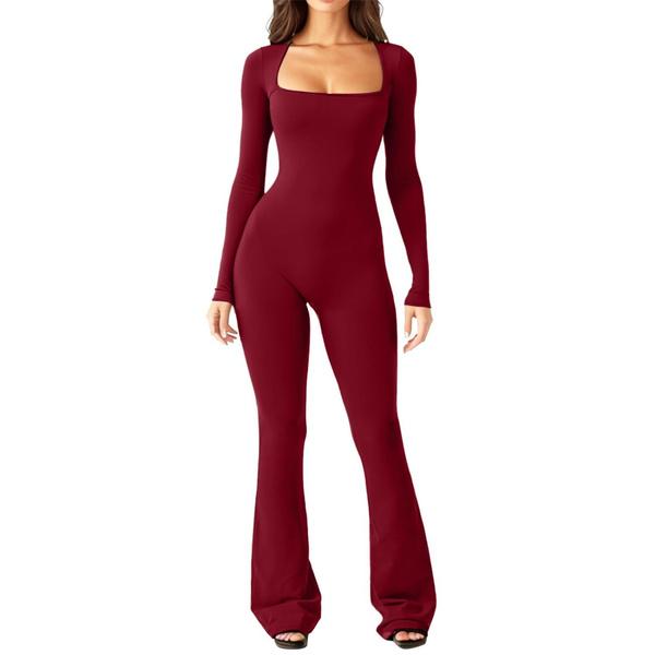 Langarm-Jumpsuits für Damen, Yoga-Jumpsuits, quadratischer Ausschnitt, geripptes Workout, ausgestelltes Bein, ganzer Länge, Strampler, Spielanzug