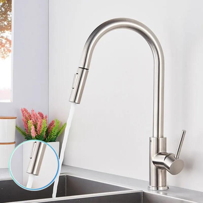 Modern Kitchen Faucet, 360° Rotating + Dual Spray Modes, 304 Stainless Steel, Brushed Finish, Black/silver Accessories.