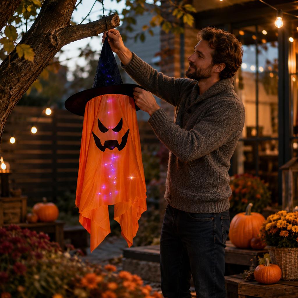 Halloween Hanging Ghost Decoration with Witch Hat and LED Lights for Indoor Outdoor Party Haunted House Yard Hanging Decor