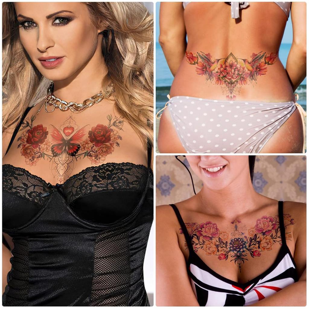 10 Sheets Vivid Chest Temporary Tattoos For Women Girls Large Adult Temporary Tattoos Rose Flower Jewel Fake Tattoos