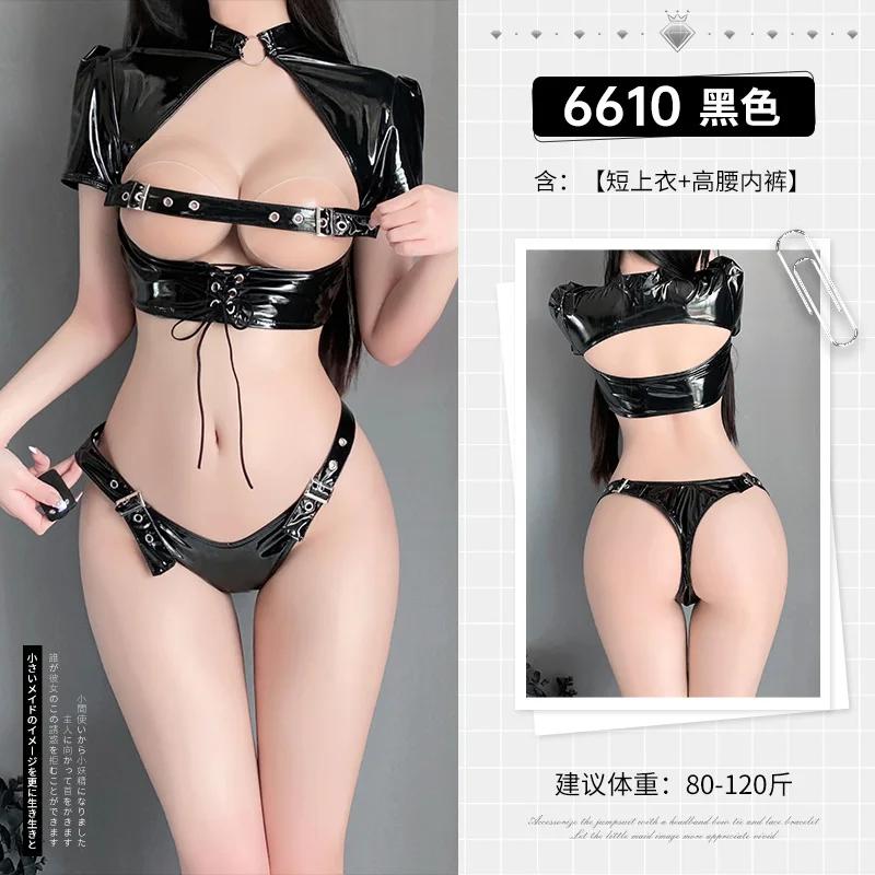 Jimiko Adult Erotic Costumes Set Women Latex Leather Lingerie Set Halloween Cosplay Clothes Porno Underwear Open Bra Outfits 18+