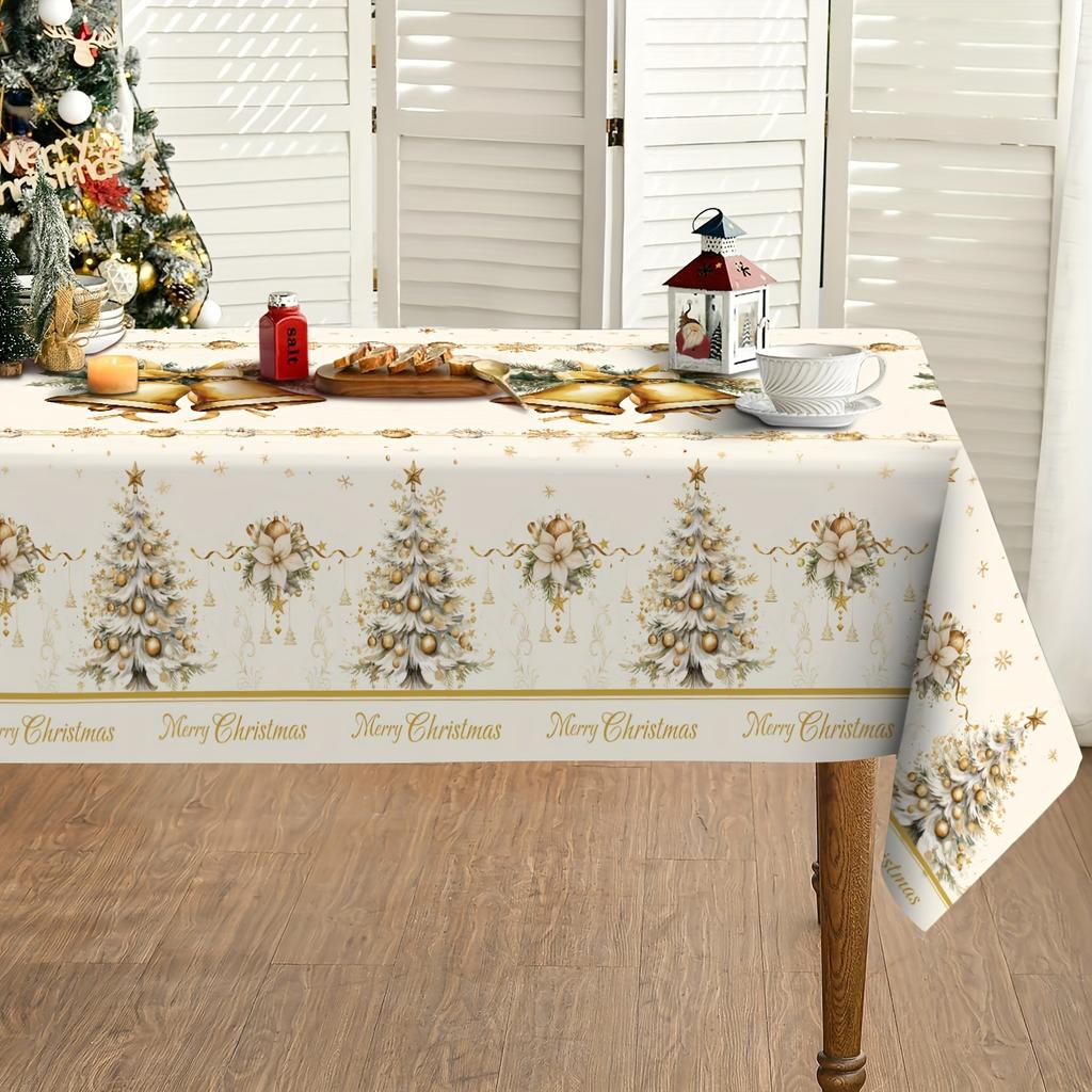 Merry Christmas Tree Golden Balls Tablecloth For Table Decor Winter Floral Bells Print Dining Table Cloth Christmas Decorations