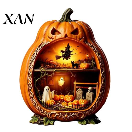 Halloween Pumpkin Ornaments Centerpiece Pumpkin, Wooden Ornament with Miniature Scenes, Rustic Decorative Skeleton for Farmhouse Home Table