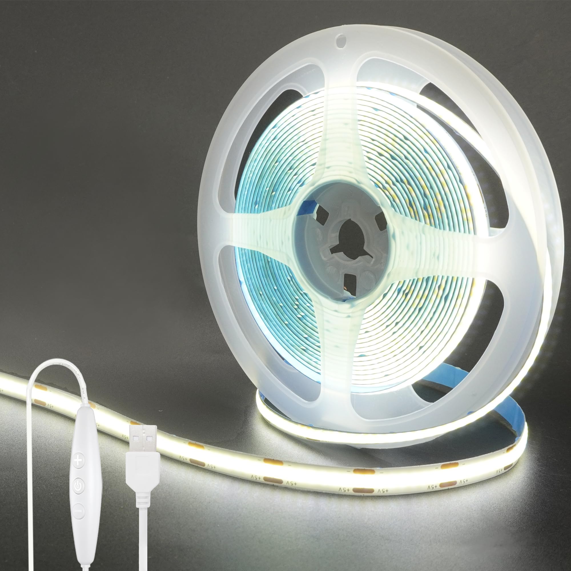 

Clearhill 5V COB LED Strip Light with Dimmer Switch, 5M, Daylight White 6500K, 320 LEDs per Meter, Powerful Light, 8mm Wide, Non-Waterproof IP20,