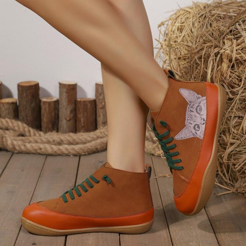 Botas Femininas Plus Size Estampa de Gato Cano Curto Salto Baixo Cadarço Moda Confortáveis Todas as Estações Primavera Outono