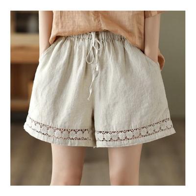 Pantalones Cortos Casuales Sólidos de Lino Algodón Encaje Floral Verano Sueltos Cintura Elástica Boho Ropa de Playa Shorts para Mujer Parte Inferior