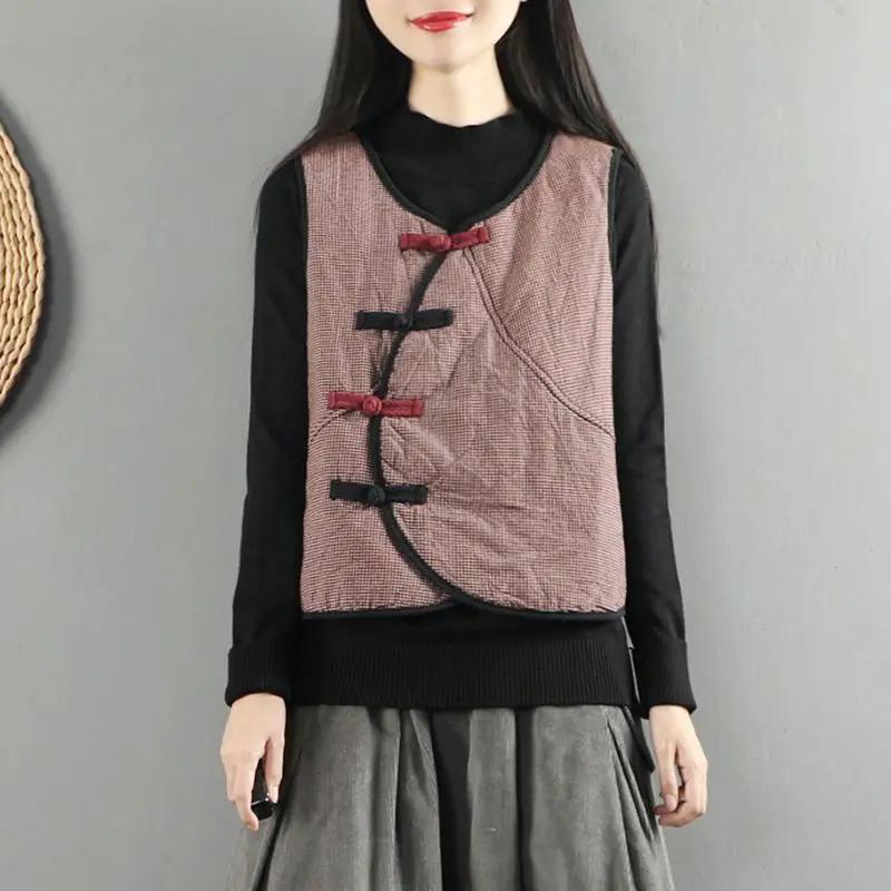 Gilet a quadri da donna Autunno Inverno Stile Cinese Bottoni a Rana Retro Ampio Senza Maniche Gilet