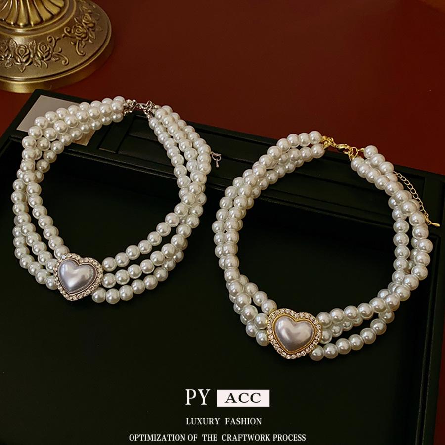 French Retro Rhinestone Pearl Heart Layered Necklace - High-End Clavicle Chain Court Style Jewelry for Women
