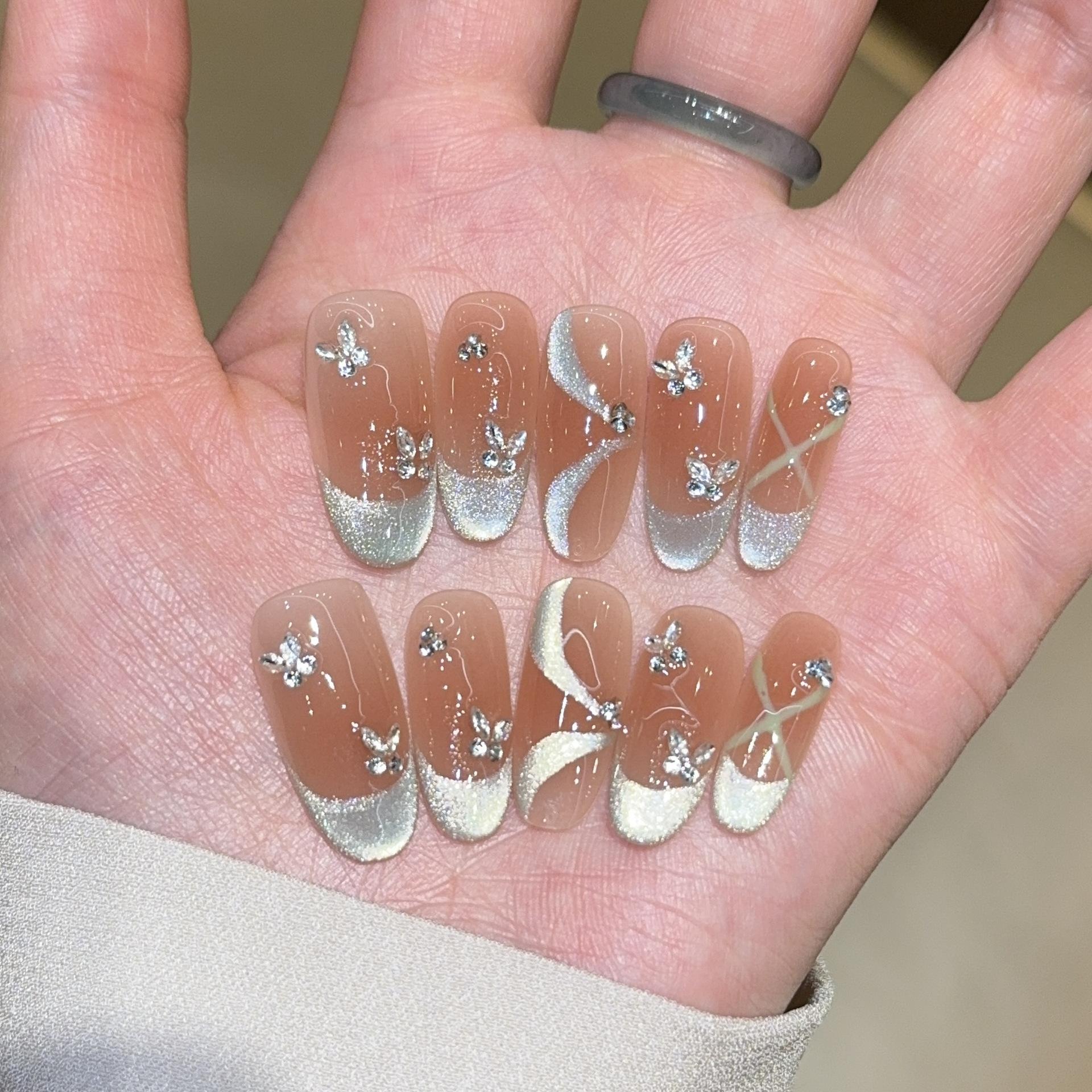 INS summer atmosphere cat s eye pure handmade wearable nails, high-end brightening boutique nail fake nail patches XS