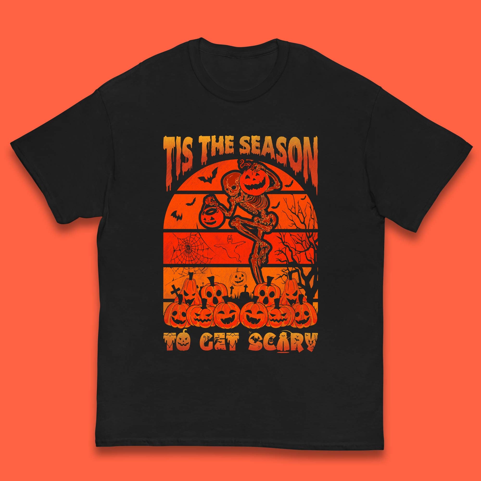 

Tis The Season To Get Scary Halloween Skeleton Holding Pumpkin Buckets Spooky Vibes Kids T Shirt 100